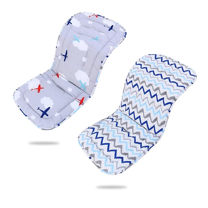 Baby Stroller Cushion,Infant Car Seat Insert-Reversible Universal Breathable and Soft Newborn Stroller Mat,100% Cotton Cover Toddler Seat Pad Liner-34x78cm,1 Pack(Gray Plane+Blue Stripes)