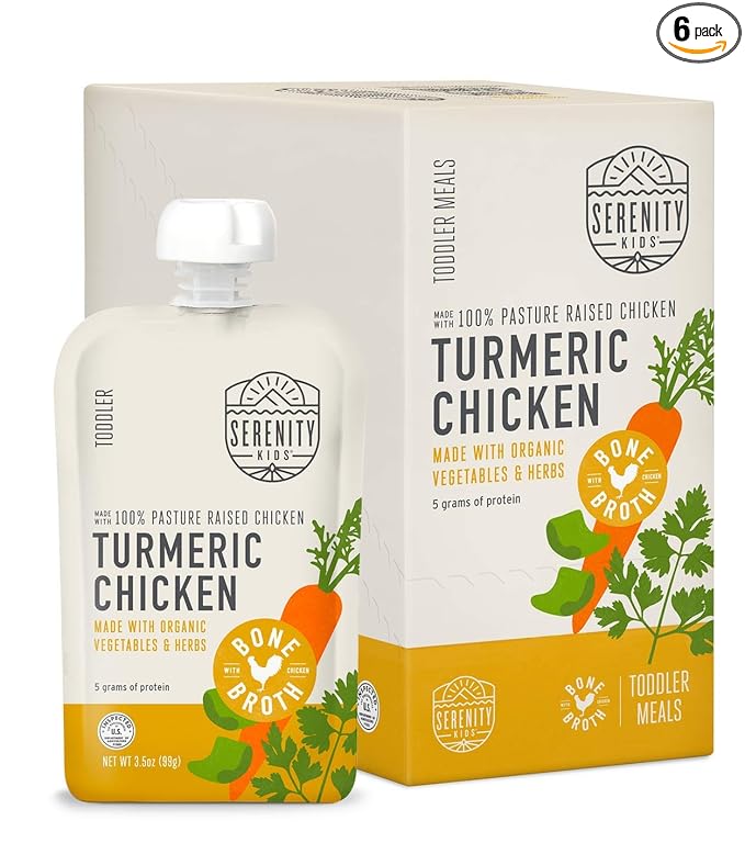 Serenity Kids Organic Turmeric Chicken Bone Broth Made with Organic Veggies - BPA-Free Puree Baby Food Pouches with Pasture-Raised Chicken & Veggies - Savory Flavor - 3.5 Oz, 6 Pack