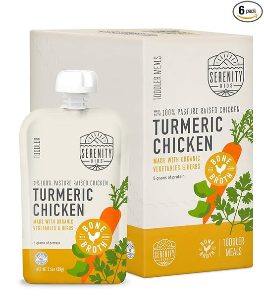 Serenity Kids Organic Turmeric Chicken Bone Broth Made with Organic Veggies - BPA-Free Puree Baby Food Pouches with Pasture-Raised Chicken & Veggies - Savory Flavor - 3.5 Oz, 6 Pack