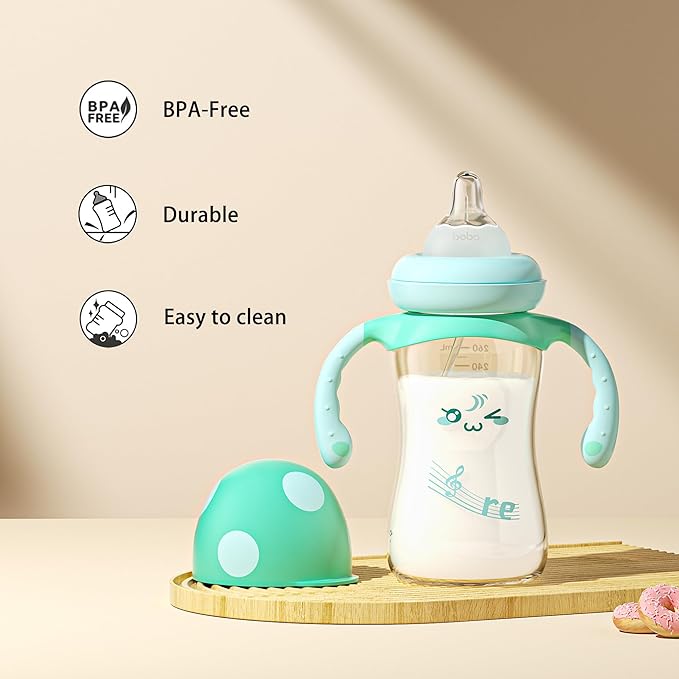 YOHKOH Natural PPSU Baby Bottle with Natural Response Nipple, Newborn Anti-Colic Baby Bottles with Handle, Wide Neck Mushroom Cap Baby Bottle (8.8oz (Pack of 4), Blue1)