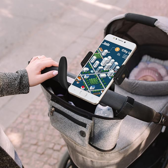 Amylove 2 Pcs Stroller Phone Holder Portable Cell Phone Holder Stand Universal Stroller Accessories for Parent Baby Toddler Cellphone Clamp with Non Slip Silicone Arm Grip(Black,Novel)