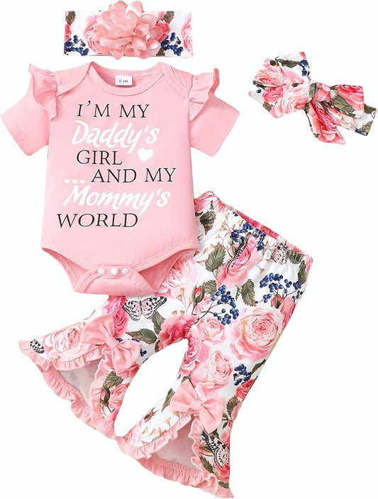 SUNNY PIGGY Newborn Baby Girl Clothes Infant Outfits Romper Floral Fall Outfit Bell Bottoms Pant Sets Hat Headband Flowerpant