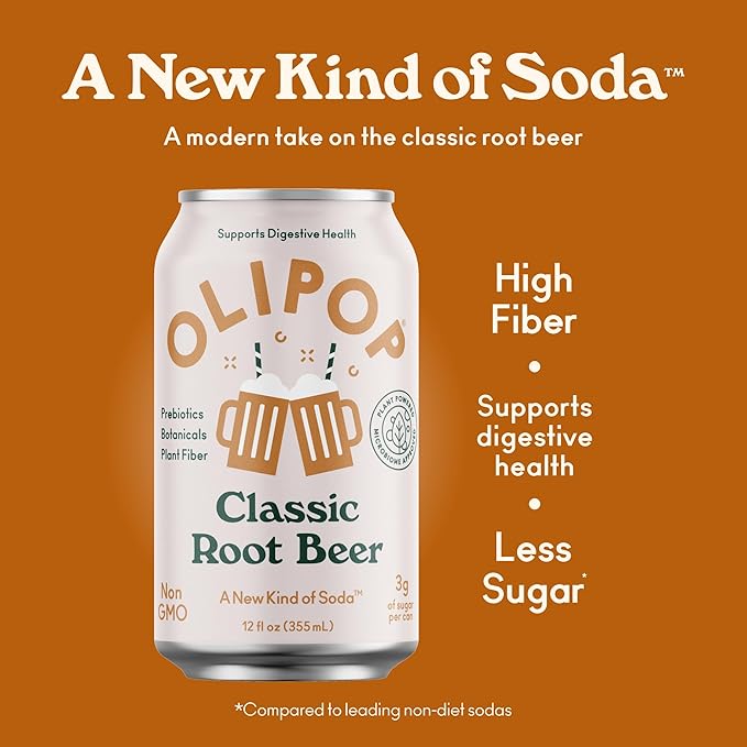 OLIPOP Prebiotic Soda Pop, Classic Root Beer, Pantry Pack Packed with Prebiotics, Fiber, and Botanicals, Gluten Free, Vegan, GMO Free, 12oz (12-Cans)