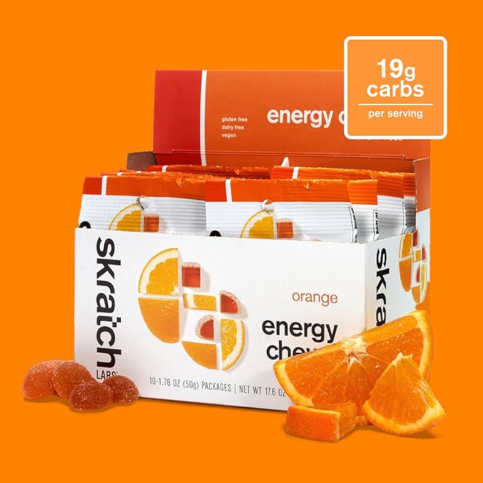 Skratch Labs Energy Chews | Gummies for Running, Cycling, and Sports Performance | Gel Alternative | Orange (10 Pack) | Gluten Free, Vegan