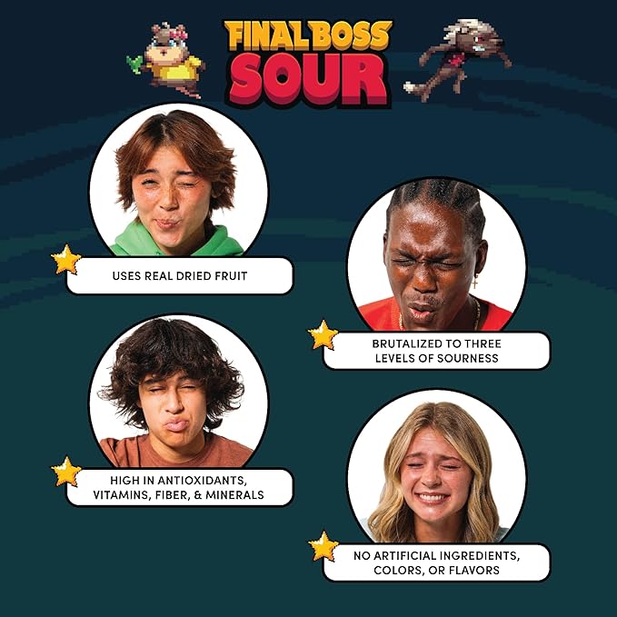 Final Boss Sour Candy, Sour Blueberries, 10 Pack, Level 3, Fruit Chews with Real Dried Fruit, No Artificial Colors or Flavors, Low Calorie Snack for Kids, Teens, Adults, Lunch Boxes & On The Go