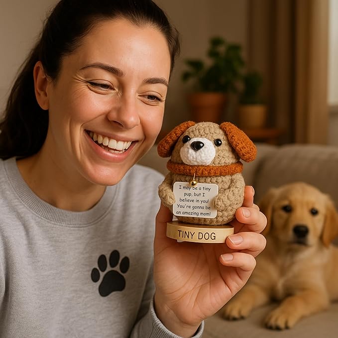 New Mom Gifts for Women - Handmade Positive Dog Crochet With 30 Cute Affirmation Cards for New Mothers - Funny Postpartum Present for Friends, Coworker, Dog Mom - Positive Crochet Animal