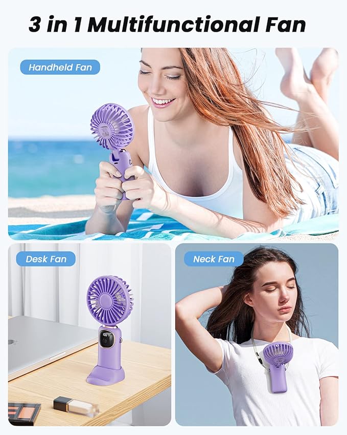 coldSky Portable Handheld Fan, 4000mAh Battery Operated 3 in 1 Multifunction Personal Travel Fans with Digital Display, 90° Foldable Desk Fan with Base, 5 Speed Lash Fan for Makeup/Commute/Office