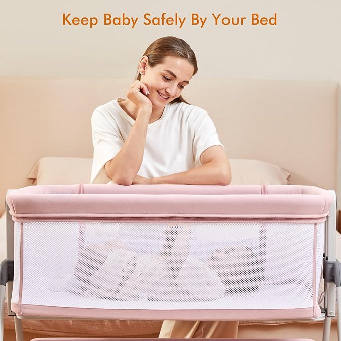 ANGELBLISS Baby Bassinet Bedside Sleeper, Easy Folding Portable Bassinet for Baby Girl with Wheels, Adjustable Height, Included Mattress (Pink)