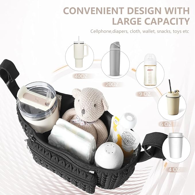 Stroller Organizer With Insulated Bottle Holder- Universal Fit, Detachable Bag, Fit For Most Of The Stroller And Pet Stroller (Black-B)