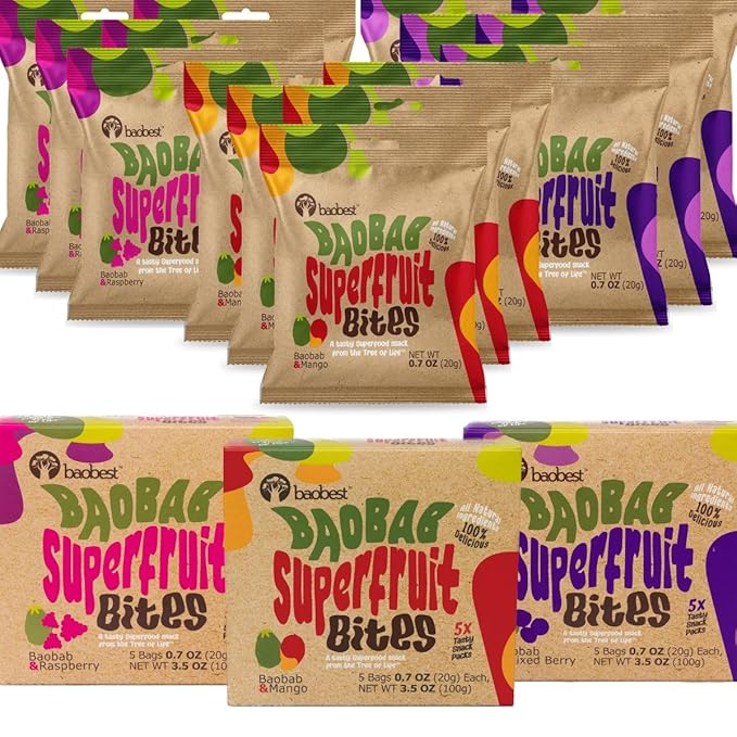 Baobest Superfruit Bites - Baobab Superfruit Variety Pack - Berry, Mango, and Raspberry - Vegan, Gluten Free, High in Vitamin C, Preservative-Free, Superfood Snack from the Tree of Life - 15 Servings