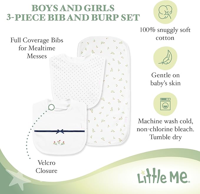 Little Me Clothes for Baby Boys’ and Girls’ 2 Bibs and 1 Burp Cloth Set, Soft Cotton Feeding Essentials with Velcro Closures