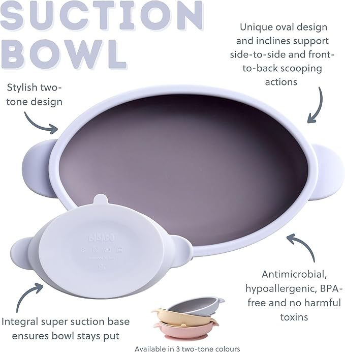 BIBaDO - Silicone Baby Bowl (Mist) - Stay Put Suction Bowl - Oval Shape - First Meals & Snacks - Durable, Dishwasher & Microwave Safe, BPA Free - Medical Grade - Baby Essentials - 6 Months to 3 Years