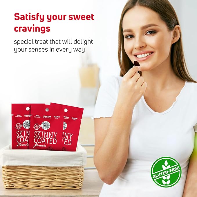 Skinny Coated Almonds Dark Chocolate Raspberry Snacks, Raspberry Flavored Healthy Chocolate Snacks Bulk - Kosher, Gluten Free Snacks for Adults, 1.2Oz p Bag, 6 Pack.