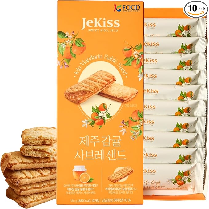 Korean Food JEKISS Jeju Mandarin Sable Sand Cookies 10ea – Crunchy Butter Biscuit with Jeju Mandarin Cream, Individually Wrapped Pieces, Perfect for Gifting (180g)