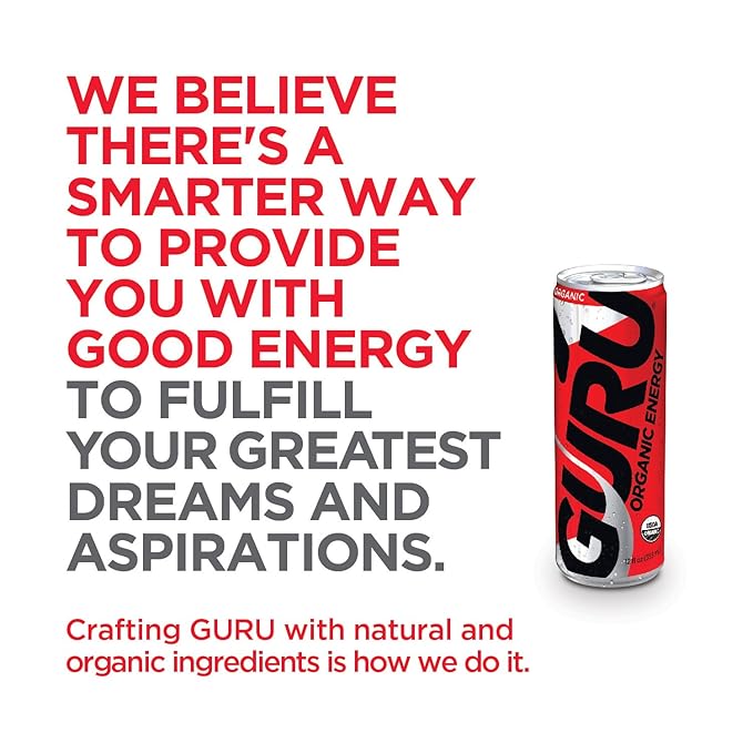 GURU Original Organic Energy Drinks, Clean Energy Drink with Plant Based Natural Caffeine from Green Tea, Gluten Free and Vegan, 140MG Caffeine, Healthy Drinks, 12oz (Pack of 24)