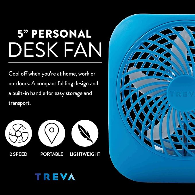 O2COOL Treva 5 Inch Battery Powered Fan Portable Desk Fan 2 Cooling Speeds with Compact Folding & Tilt Design Cubicle Accessories Small Portable (Blue)