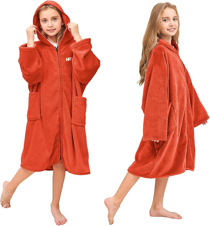 Hiturbo Kids Bath Towel Hoodie: Soft Plush Zipper Surf Poncho - Warm Fleece Changing Towels Swimming Outerwear (Orange)