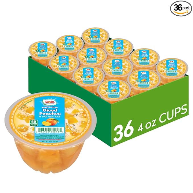 Dole Fruit Bowls Diced Peaches in 100% Juice Snacks, 4oz 36 Total Cups, Gluten & Dairy Free, Bulk Lunch Snacks for Kids & Adults