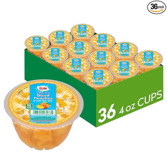 Dole Fruit Bowls Diced Peaches in 100% Juice Snacks, 4oz 36 Total Cups, Gluten & Dairy Free, Bulk Lunch Snacks for Kids & Adults