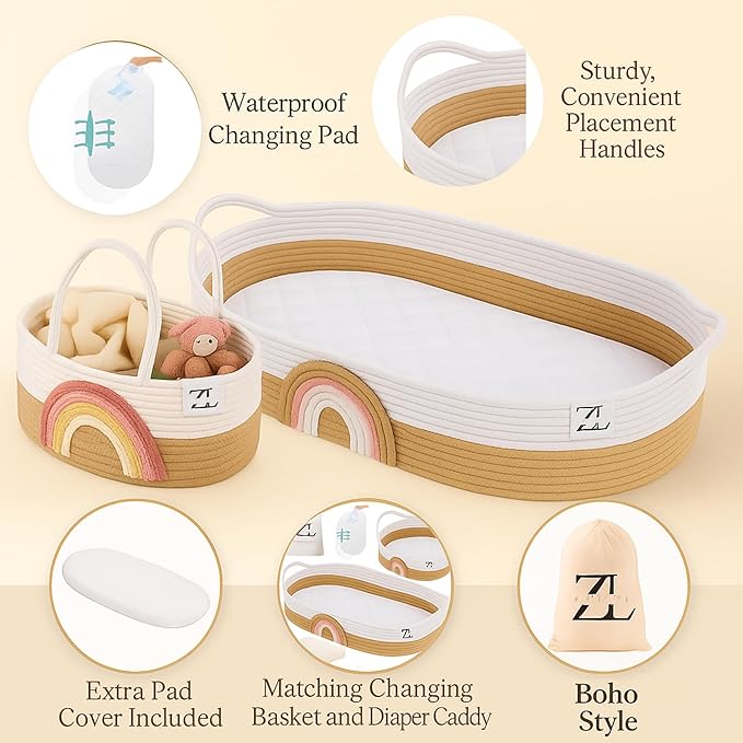 ZEAL'N LIFE Luxury Baby Changing Basket Set – All-in-One Nursery Gift Bundle with Diaper Organizer, Cozy Blanket, Waterproof Pad & Tote Bag – Moses Basket for Newborns, Perfect Baby Nursey Gift