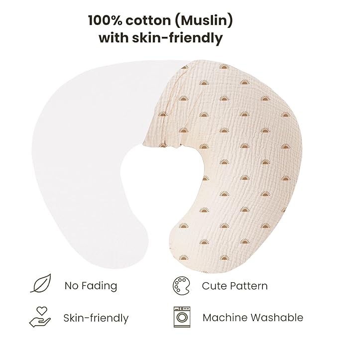 Konssy Muslin Nursing Pillow Covers, Soft and Cute Nursing Covers for Breastfeeding Pillows, Ideal for Newborn Baby Boys and Girls (Coffee, Sun) - 2 Pack