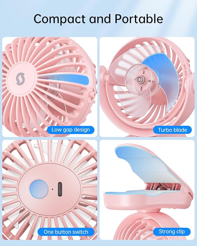 SWEETFULL Portable Clip on Fan - Mini Rechargeable Personal Fan with Strong Clamp, 3 Speeds, 11Hrs Cooling, Cute Small Desk Cooler for Stroller Bed Pet Carriers Umbrell Travel Outdoor - Pink