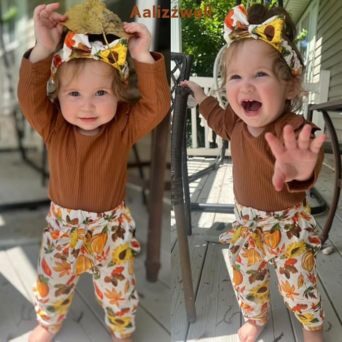 Aalizzwell Preemie Newborn Infant Baby Girls Clothes Ribbed Romper Bodysuit Pants Set Fall Winter Outfits