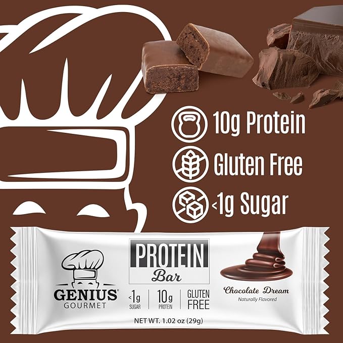 Genius Gourmet Protein Bar, Chocolate Dream, Keto Snack, Low Carb, Low Sugar & Gluten Free, Protein Snacks for Adults, 10G of Whey Protein per Protein Bar, 5 Net Carbs. 10 Count