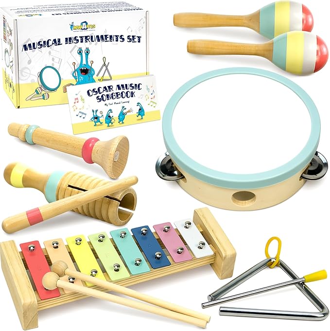 MINIARTIS Baby Musical Instruments Set - Montessori Musical Toys for Toddlers 1-3 | Modern Boho Kids Xylophone with Songbook | Neutral Colors Wooden Percussion Instruments | Preschool Educational 3+