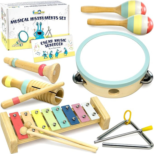 MINIARTIS Baby Musical Instruments Set - Montessori Musical Toys for Toddlers 1-3 | Modern Boho Kids Xylophone with Songbook | Neutral Colors Wooden Percussion Instruments | Preschool Educational 3+