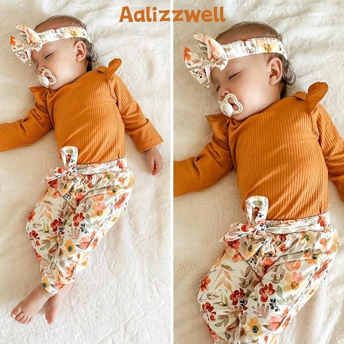 Aalizzwell Preemie Newborn Infant Baby Girls Clothes Ribbed Romper Bodysuit Pants Set Fall Winter Outfits
