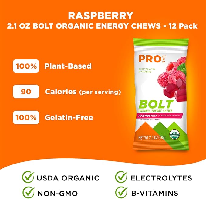 PROBAR - BOLT Organic Energy Chews, Raspberry, Non-GMO, Gluten-Free, USDA Certified Organic, Healthy, Natural Energy, Fast Fuel Gummies with Vitamins B & C (12 Count)