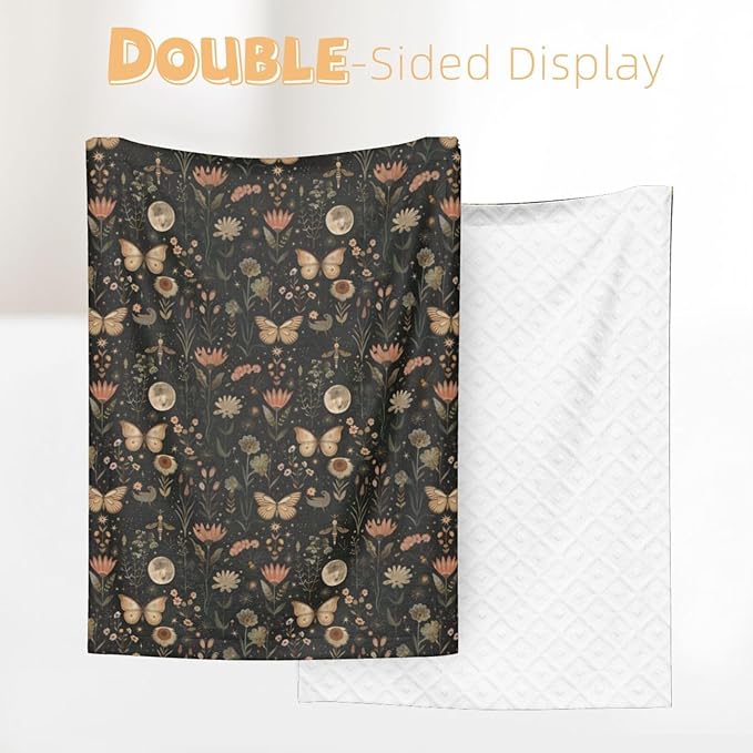 Baby Blanket Vintage Butterfly Moon Flower for Boy Girl Newborn 30x40 Inch Toddler Infant Nursery Throw Blankets Double Layer Comfy Soft Plush Stroller Crib Quilt