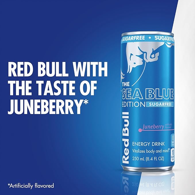 Red Bull Sea Blue Edition Sugar Free Energy Drink, Juneberry, 8.4 fl. oz., 6 x 4 Cans, Pack of 24 Cans, with 80mg Caffeine, Taurine & B Vitamins