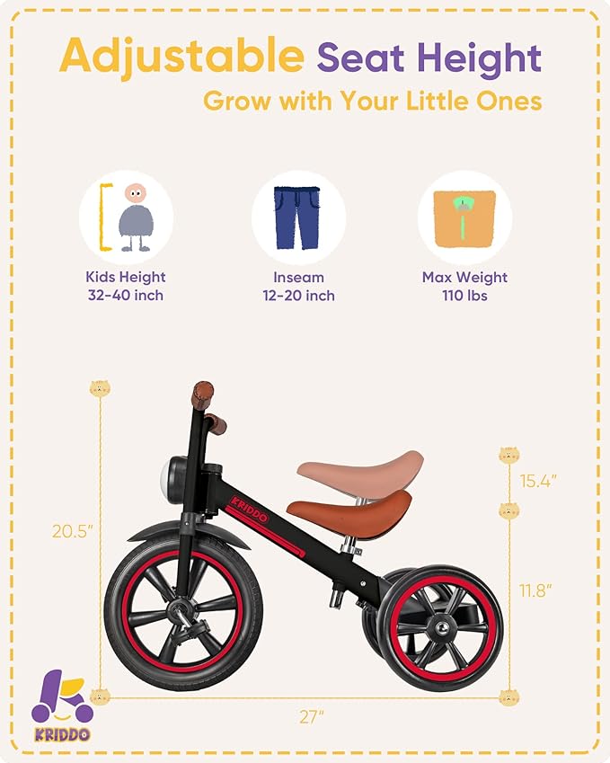 KRIDDO Kids Tricycle, 12 Inch Puncture Free Wheel w Front Light, Adjustable Seat Height, Gift for 2-5 Year Olds, Trike for Toddlers, Black