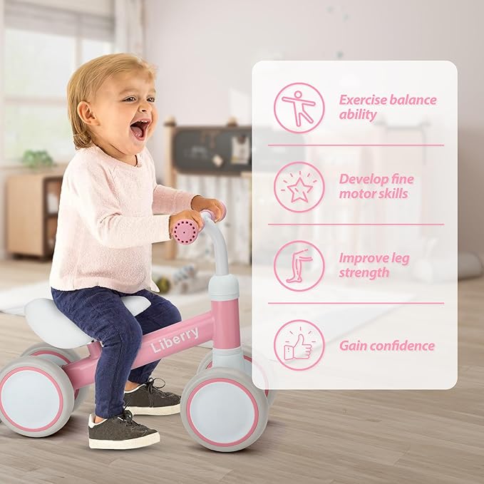 Liberry Baby Balance Bike for 1 Year Old Girls, 4 Wheels Toddler Balance Bike with Adjustable Seat, 12-24 Months Infant's First Birthday Gift (Pink)