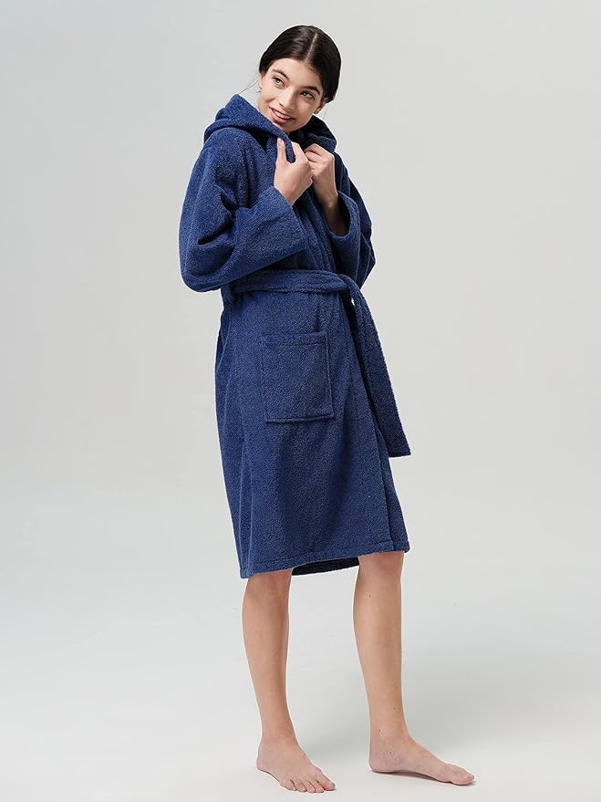 SIORO Womens Hooded Terry Cloth Robe, Cotton Absorbent Knee-Length Bathrobe, Housecoat with Pockets for Spa & Shower