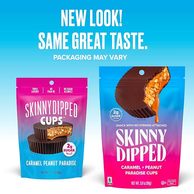 SkinnyDipped Caramel Peanut Paradise Cups, 2g Sugar per Cup, Gluten Free, Low Carb Snack, 3.2oz Resealable Bags, 6 Count (Pack of 4)
