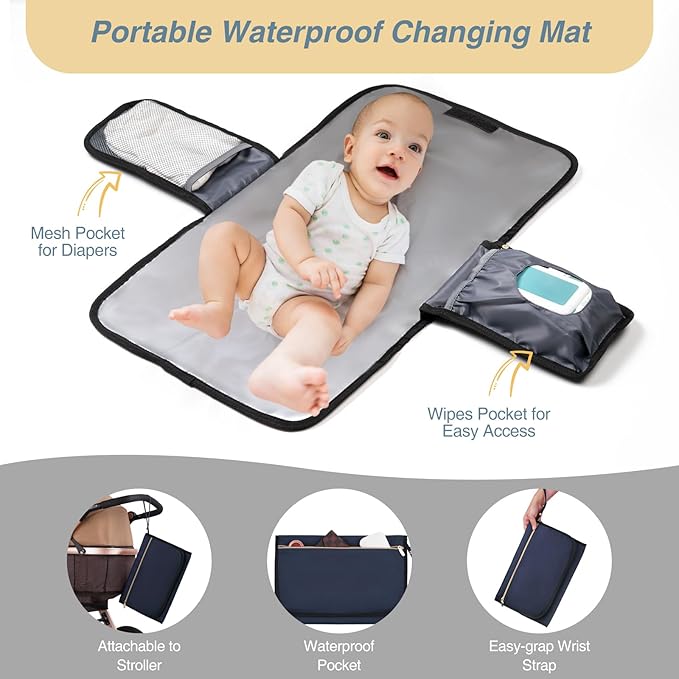 MOMUVO Diaper Bag Backpack, Quilted Baby Bag with Changing Pad & Stroller Straps & Pacifier Case, Large Travel Diaper Bags for Mom Dad, Blue