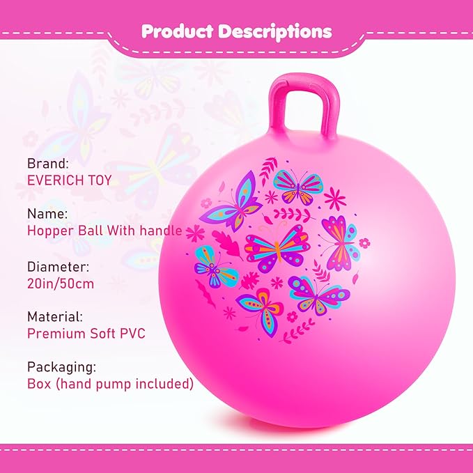 EVERICH TOY Hopper Ball, Pink Butterfly Hopping Toys for Kids, 20 Inch Bouncy Ball with Handle, Indoor Outdoor Inflatable Hoppity Hop Toy for Girls Boys Gift with Pump