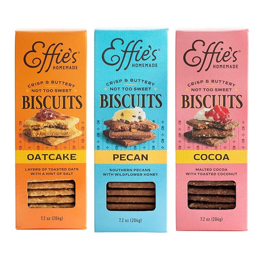 Effie's Homemade Biscuits - Variety Pack - Oatcakes, Pecan, Cocoa - 3 Pack