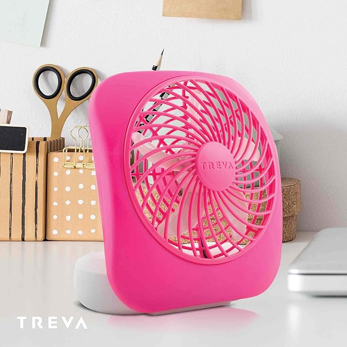 O2COOL Treva 5 Inch Battery Powered Fan Portable Desk Fan 2 Cooling Speeds with Compact Folding & Tilt Design Cubicle Accessories Small Portable (Raspberry)