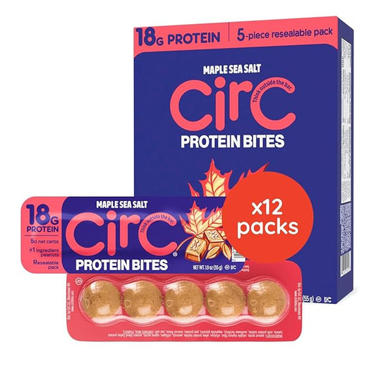 CirC Protein Bites - 12 Count Maple Sea Salt High Energy Balls - 18g of protein 4g Collagen, 5g net carb, Whey & Peanuts - Portable Healthy Snacks in 5-Piece Resealable Packs