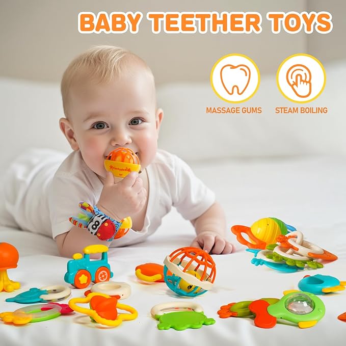 Baby Rattles 0-6 Months,Infant Sensory Teething Toys Set for 3-6 Months with Wrist Socks,Learning Developmental Toys,Perfect Baby Gift for 6-12 Months Newborn Boys Girls (Orange Rattle Set)