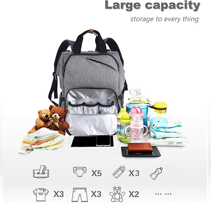 Hap Tim Diaper Bag Backpack,Large Capacity Travel Back Pack Maternity Baby Nappy Changing Bags, Double Compartments with Stroller Straps,Waterproof,Grey (US7340-G)
