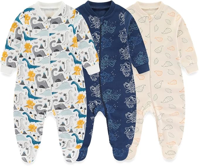 Newborn Baby 2-way Zipper Romper Cotton One-piece Jumsuit 3-pack, 0-24 Months