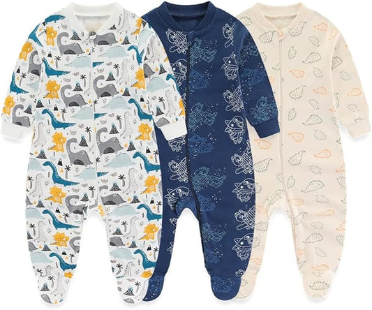 Newborn Baby 2-way Zipper Romper Cotton One-piece Jumsuit 3-pack, 0-24 Months