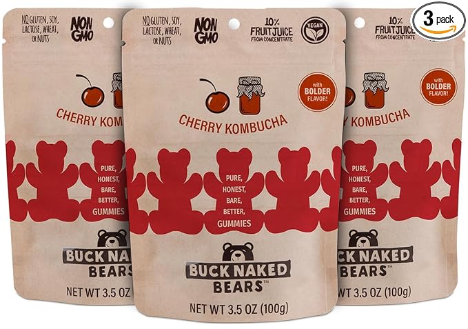 Buck Naked Bears - Cherry Kombucha Gummy Bears - Soft, Smooth, and Sweeter Like a Fruit Snack - Plant-Based Gummies Good Snack Choice - Non-GMO - Clean Label Gummy Candy, Vegan - 3.5oz 3-Pack
