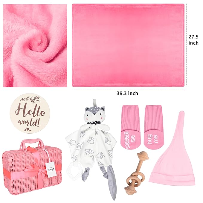 Newborn Baby Gift Set | Baby Gift Basket | Newborn Blanket, Wooden Teether, Security Blanket, Cap, Baby Bibs, Socks & Greeting Card (Pink)
