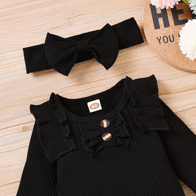 Aalizzwell Preemie Newborn Infant Baby Girls Clothes Ribbed Bodysuit Pants Set Fall Winter Outfits